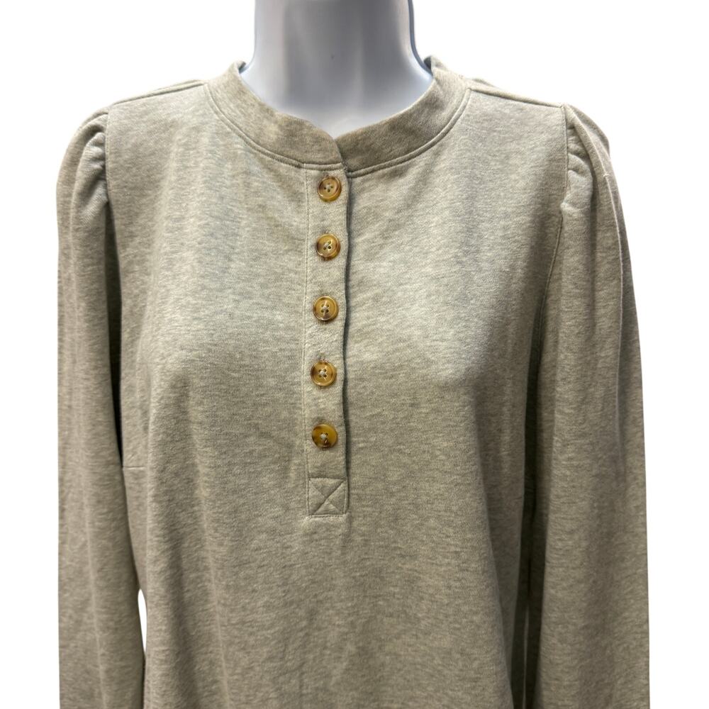 LOFT WOMENS SZ L Shirred Sleeve Henley Shift Dress LAGENLOOK GRAY long sweater - Picture 3 of 5
